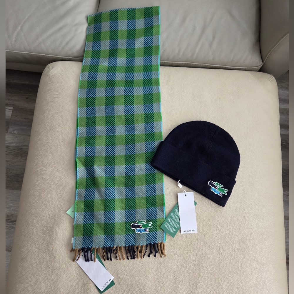 NWT - Lacoste Adult 100% Wool Three Crocodiles Scarf & Hat Set